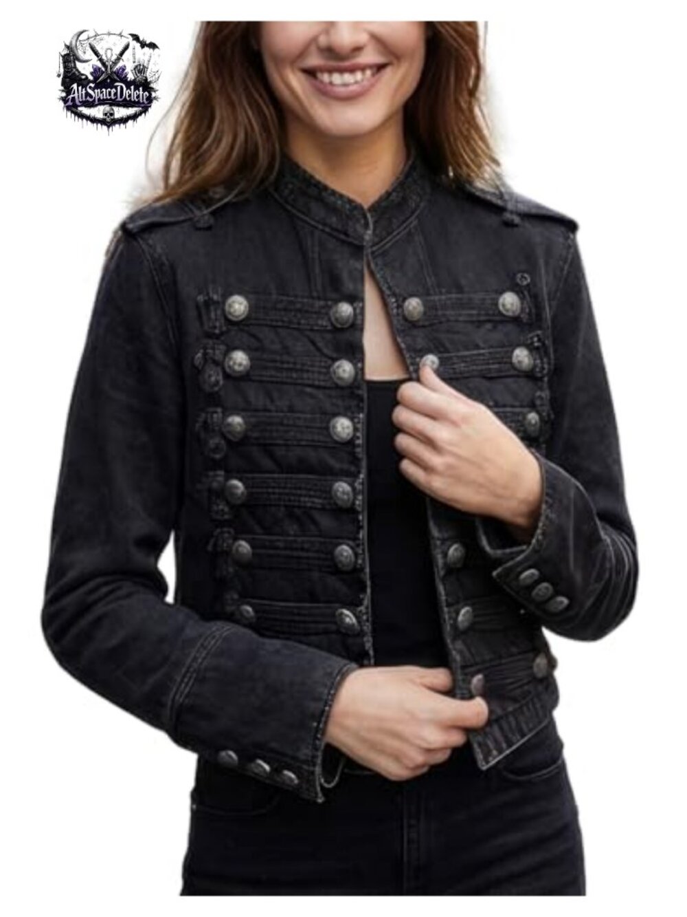 Women's Military Denim Jacket Steampunk Gothic Stand Collar Cotton Blend